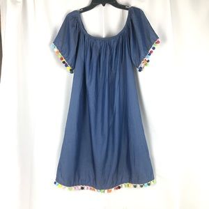 Denim Faux off the shoulder dress poms sleeves/hem